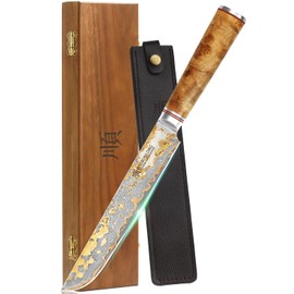 YOUSUNLONG Sakimaru Knife 8" - Japanese Sushi Knife - Handmade Copper Damascus Steel Carving Knives - Ultra Sharp Salmon Knife - Naturel Burl Wooden Handle with Leather