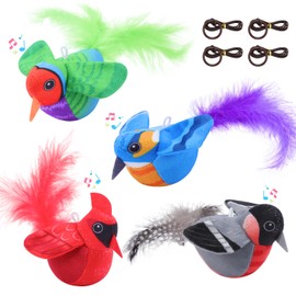 WONDAY Cat Feather Chirping Bird Toys 4 Pack Flying for Indoor Interactive Kicker Catnip Wand Toy with Silvervine for Bored Kitten