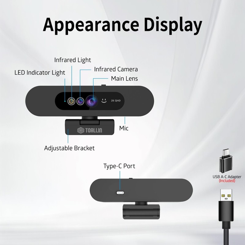 TOALLIN 2K QHD Webcam for Windows Hello Face Login, IR