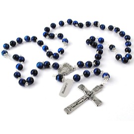 HanlinCC 8mm Natural Blue Tiger Eyes Gemstone Beads Miraculous 5 Dacade Rosary Necklace with Anti-Silver Catholic Crucifix Pack in Leather Gift Box