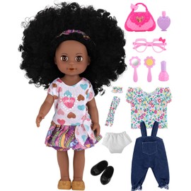 GAGAKU Black Doll for Girls, 14" Black Dolls Set for Toddlers Kids 1 2 3 4 5 6 Years Old, Black Girl Baby Doll with Hair to Comb, Including Doll Dress Clothes Outfits Hair Accessories