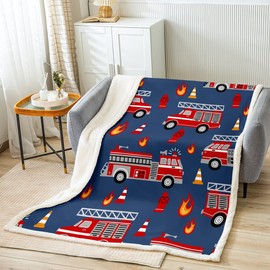 Cartoon Car Sherpa Blanket Fire Truck Fleece Throw Blanket for Bed Sofa Couch Kids Room Decor Firefighter Plush Blanket Firemen Car Vehicle Fire Engine Blue Red Fuzzy Blanket Baby 30"x40"