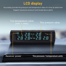 Tyre Pressure Monitoring System with 6 External TPMS Sensors, LCD Display, Overpressure and Temperature Alarm, Waterproof Monitor for Motorhome Trailer, Van, SUV, Pickup Bus