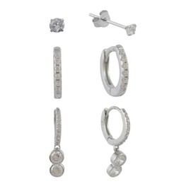 3 Pairs Double Round Zirconia Drop Hoop Huggie & Stud Set Earrings For Women Girls Minimalist 925 Fashion Sterling Silver 18k Gold Plated, Platinum Plated Hypoallergenic Jewellery Gift box (Platinum)