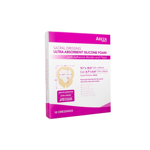 Sacral Dressing 10 Per Box Ultra-Absorbent Silicone Foam with Adhesive Border and Flaps 9.1" x 10.2" Sterile by Areza Medical