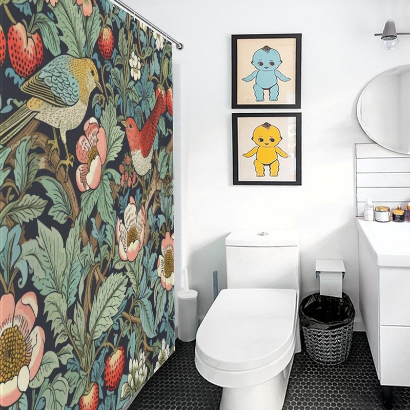 William Morris Shower Curtain,Original Design Strawberry Thief Green Flower Birds