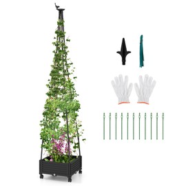 Giantex Rolling Raised Garden Bed with Climbing Trellis, Obelisk & Bird Top, 11 Fasten Straps, Gloves, Planter Garden Boxes on Wheels, Self-Watering System, PE-Coated Metal Rack