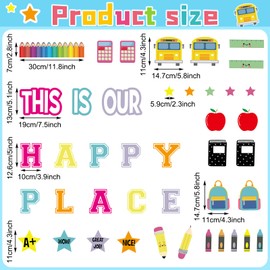 Mooliwe This is Our Happy Place Bulletin Board Kit School Bus Pencil Paper Cutouts Classroom Decorations for School Home Office Party Wall Decor Colorful Classroom Door Decor