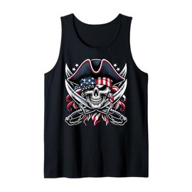 Skeleton 4th of July Pirate Men USA Skull American Flag Tank Top