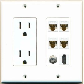 Wallplate City 4 Port CAT6 Ethernet Coax 1 HD Wall Plate w-Power Outlet White