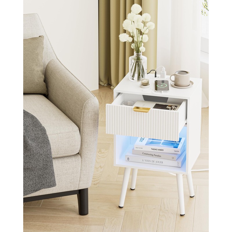 ASACESCU White Fluted Nightstand with Charging Station, Modern Bedside Table