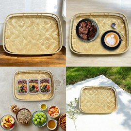 Set of 4 pcs Rectangular Bamboo Wicker Serving Trays with Handles, Handwoven Coffee Trays for Coffee, Breakfast, Bread, Food, Dish and Decorative Trays for Dining Table