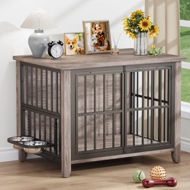 YaFiti 31.5" Dog Crate Furniture, Wooden Dog Kennel Indoor with 360° Rotating Feeder and 2 Adjustable Bowls, Decorative Side End Table Dog Cage for Medium and Small Dogs, Grey