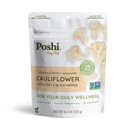 POSHI Marinated Cauliflower Florets | with Salt + Black Pepper | All Natural, Keto, Vegan, Paleo, Non GMO, Low Carb + Calorie, Gluten Free, Rady to Eat, Fully Cooked Vegetables, Pentry Food, Gourmet, Healthy (6 Pack, 4.4 oz)