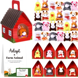 Blueweenly 73 Pcs Farm Animal Party Favors Set 24 Mini Plush Farm Toys 24 Foldable Red Carton House 24 Adoption Cards 1 Sign Animal Bulk with Favor Bags for Adopt a Pet Party Favors Birthday Supply