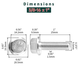 3/8-16 x 1 Flanged Hex Bolts (10 pcs), 18-8 (304) Stainless Steel, External Hex Drive, Hexagon Head Bolts Screws with Flange Washer, Fayeploo
