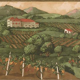 CONCORD WALLCOVERINGS ™ Wallpaper Border Country Pattern Village Fields for Kitchen Cottage Farmhouse, Brown Green Red Beige, 15 ft by 10 in KS76864