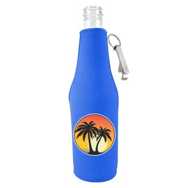 Palm Tree Sunset Beer Bottle Coolie With Opener (Royal Blue)
