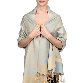Achillea Women's Two Tone Vintage Jacquard Paisley Pashmina Shawl Wrap Scarf (Light Blue Tan)