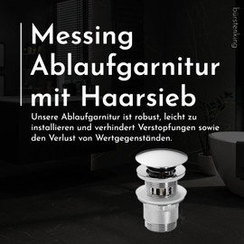 Bürstenking Sink Drain Fitting - Drain Valve with Hair Strainer - for Sink & Washbasin - 1 1/4 Inch Connection Thread - Push-Open Function - with Overflow - 6.0 cm - Diameter 66 mm - Chrome Silver