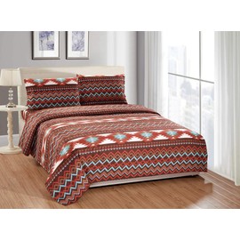 Rugs 4 Less Rustic Southwestern Western Bedsheets Set with Navajo Tribal Native American Patterns in Turquoise Blue and Brown â Utah Bed Sheet Set (Queen, Brown)
