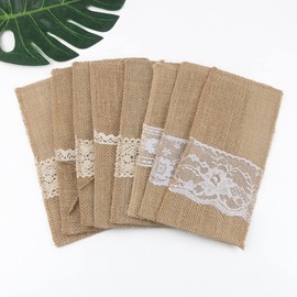Pack of 12 Jute Cutlery Bags Christmas 11 x 21 cm Vintage Cutlery Bag Cutlery Holder Hessian with Lace Wedding Decoration Table Decoration for Party Birthday Communion Easter Wedding Christmas