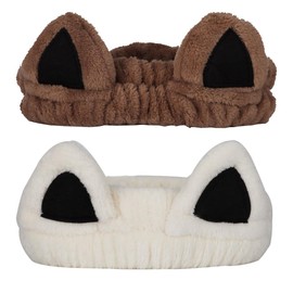 Ｎｏｏｎｈｏｒｓｅ Cat Ears SPA Headband for Women Cute Cat Washing Face Makeup Skincare Animal Headbands for Girls Soft Coral Fleece Facial Wash Hair Accessories SPA Party, 2 Pack