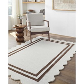 Hauteloom Chogan Modern Geometric Bordered Solid Color Runner Rug for Hallway, Kitchen - Hand Tufted Wool Natural Fiber Carpet with Scalloped Edges - Ivory, Chocolate Brown - 2'6" x 8'