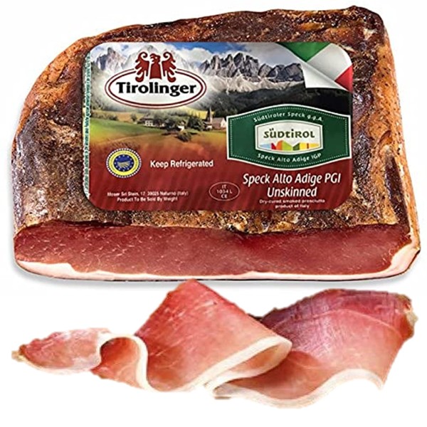 Speck, 6 lbs +/- ,Seasoned and Smoked Italian Ham, Cured in the European Alps Mountains, Alto Adige IGP, Boneless and Ready to Slice, (like Prosciutto but more Savory and Smokey), Weight approx. 6 lbs, by Moser Tirolinger brand