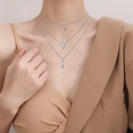 DAOCHONG S925 Sterling Silver Multilayer Layered Triple Long Chain Pendant Necklace for Women Jewelry, common, Sterling Silver, Cubic Zirconia