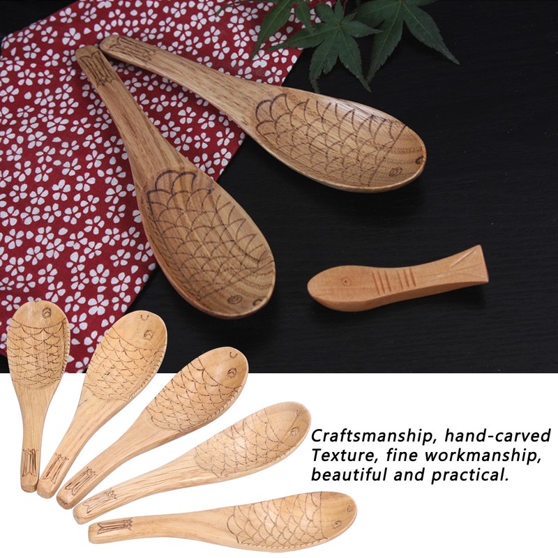 5Pcs Soup Spoon Fish Shaped Carved Wooden Rice Spoon Kitchen