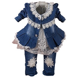 Yao 6M-4Y Infant 3Pcs Baby Girls Clothes Set Toddler Outfits Lace Dress Jacket and Jeans (3-4Y,Flower-White)