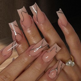 SINHOT Medium Press on Nails Square Fake Nails Glossy Glue on Nails Silver Line Acrylic Nails Squoval Nude Natural Artificial Nails Stick on False Nails with Design 24 pcs