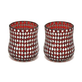 Glass Vase Mosaic Mirror and Red Glass Diamond Shape Tiles 4.5" High Set of 2