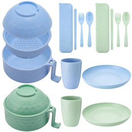 Romooa 12 Pcs Microwave Dorm Dinnerware Sets 33 oz Wheat Straw Ramen Bowl with Handles Unbreakable Bowl with 8.9 Inch Plates Cups Cutlery for Picnic Party Dorm College(Light Blue, Light Green)