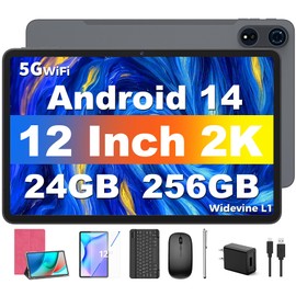 Tablet 12 inch Android 14 Tablets, 24GB（8+16）RAM+256 Storage(Expand to 1TB), Android Tablet with Keyboard, Octa-Core, 2K 2000x1200 Display, 16MP Dual Camera, 8000mAh, 5G WiFi,GPS,Bluetooth 5.0（Pink）