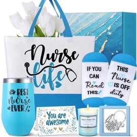 Sieral 7 Pcs Nurse Appreciation Gifts Nurses Week Graduation BSN Rn LPN Gifts Basket with Canvas Tote Bag Tumbler Candle Sock Keychain Greeting Card Box