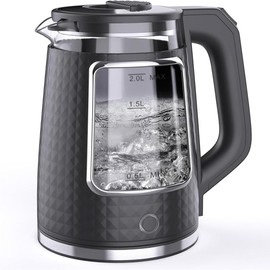 Electric Tea Kettle for Boiling Water, Food Grade Stainless Steel Base, 2.0L/1000W, with Auto Shut-Off and Boil-Dry Protection, Wide Opening - Colour: Black  2L