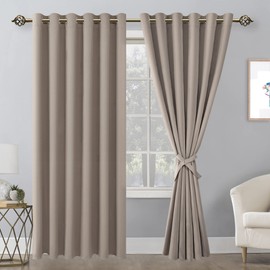 Hiasan Grommet Blackout Curtains for Bedroom, 70 x 84 Inches - Thermal Insulated & Light Blocking Window Drapes for Living Room/Dorm Room, Set of 2 Panels Sewn with Tiebacks, Taupe