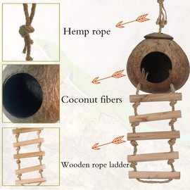 Yoicn Lth Natural Coconut Shell Gecko Nest House Reptile Hideouts Bed Cage Toy with Ladder Hanging Loop for Lizards Chameleon Gecko Snakes Small Animal 2 PCS