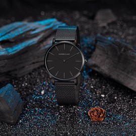 Garrulax Women's Ultra Thin Case Analogue Quartz Watch 36 mm, Black, black surface, black strap, Bracelet