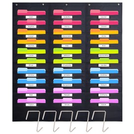 Heavy Duty Storage Pocket Chart for Classroom with 30 Nametag Pockets, 4 Overdoor Hangers Included, Hanging Wall File Organizer for File Folders, Assignments, Files, Scrapbook Papers & More (Black)