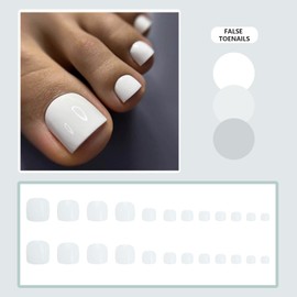 White Press on Toenails - 24Pcs Cute Short Square Full Cover Fake Toe Nail Tips - Glossy White Acrylic Spring Summer Seaside Beach Toenails for Women and Girls Foot Nails