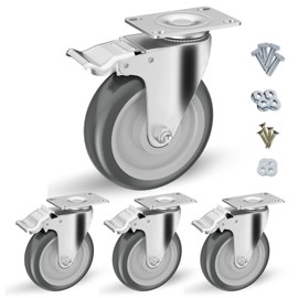 Casters, 5 inch Caster Wheels, Casters Set of 4 Heavy Duty - CLOATFET Locking Casters, Swivel Casters with Brake (Top Plate), Non Marking Grey TPR Rubber Castor Wheels for Cart Furniture Workbench