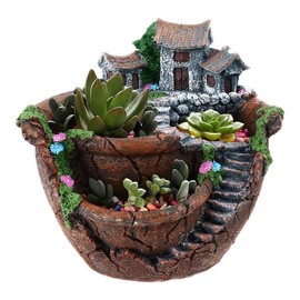 Fairy Garden Planter Plants Pot Tiny Creative Flowers Succulent Plants Fairy House Pot Holders Hanging Garden Design with Sweet House - Color: Orange