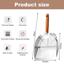 GmeDhc Metal Cat Litter Scoop, Cat Litter Scoop with Wooden Handle, Cat Scoop for Cat Litter, Deep Cat Scoop, Cat Litter Scoop, Large, for Cat Litter, Clumping Litter