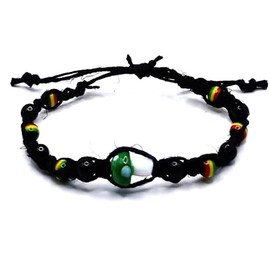 Hemp Bracelet with Green Mushroom Charm Bead and Rasta Beads Adjustable Cord