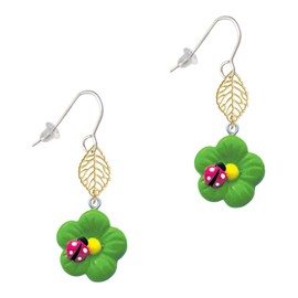 Delight Jewelry Resin Lime Green Daisy Flower with Hot Pink Ladybug Goldtone Leaf French Earrings