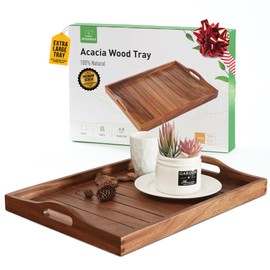 20 Inch Ottoman Tray for Living Room, Large Wooden Serving Tray with Handles, Coffee Table Tray Rustic Decorative Tray for Breakfast in Bed, Dinner Food Kitchen TV (Natural Wood, 20" x 14")