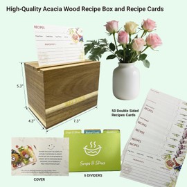 CHOUYUHE Acacia Wood Recipe Box Set - 100 4x6 Recipe Cards, 6 Dividers | Rustic Kitchen Organizer with Lid for Cooking Lovers, Perfect Housewarming/Wedding Gift